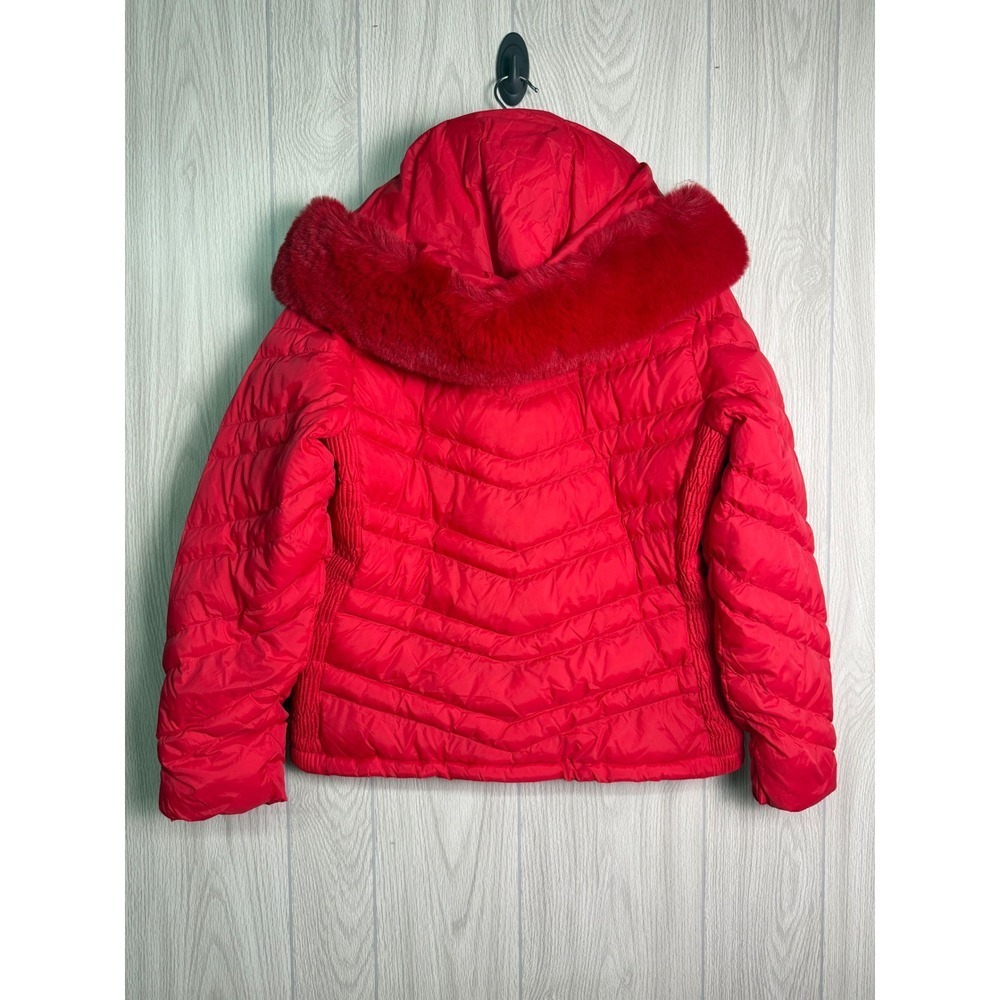 CHIC ME Women's Red Puffer Jacket Faux Fur Hood Quilted Zip Up Size L - Picture 3 of 8